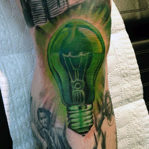 Mens Green Glowing Light Bulb Knee Tattoos