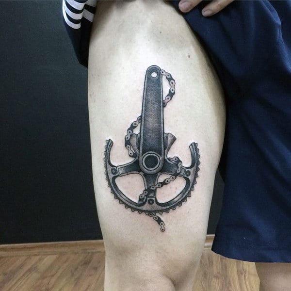 Mens Grey Bicycle Gear Tattoo On Arms