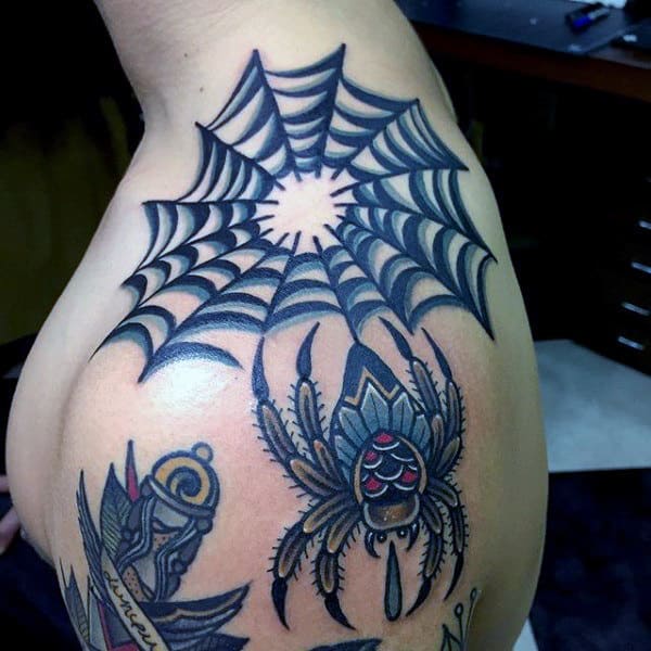 Mens Grey Blue Spider And Web Tattoos On Shoulder