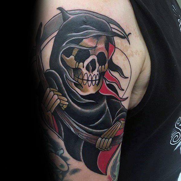mens grim reaper traditional cover up arm tattoos