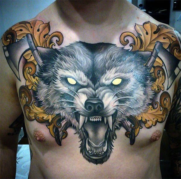 Mens Growling Wolf With Axe And Ornate Design Chest Tattoo