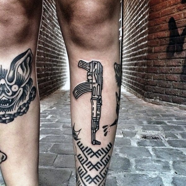 Mens Gun Ak 47 Simple Leg Tattoo