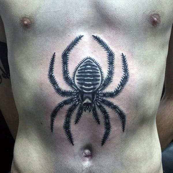 Mens Hairy Dark Spider Lower Chest Tattoo Design Ideas