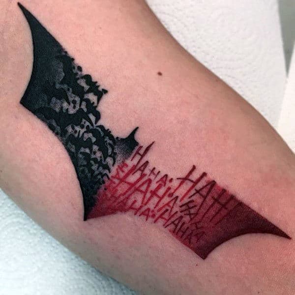Mens Half Batman Symbol Half Joker Laughing Arm Tattoos