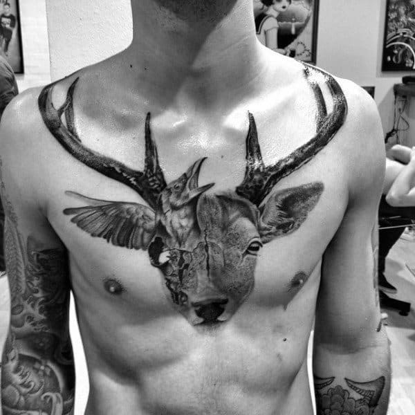 Mens Half Skull Half Deer Awesome Chest Tattoo Design