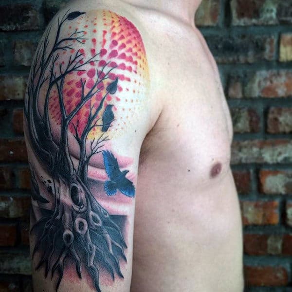 Mens Half Sleeve Abstract Rising Sun With Tree Tattoos