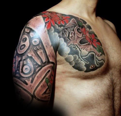 Mens Half Sleeve And Chest Taino Tattoo With Flowers