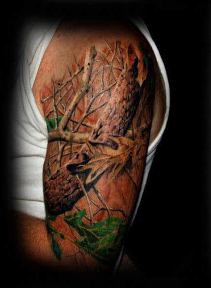 Mens Half Sleeve Camo Tattoo Design With Wood Tree Branches And Fall Leaves
