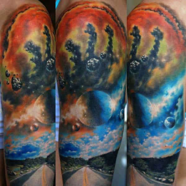 Mens Half Sleeve Open Road With Clouds And Space Sky Tattoos