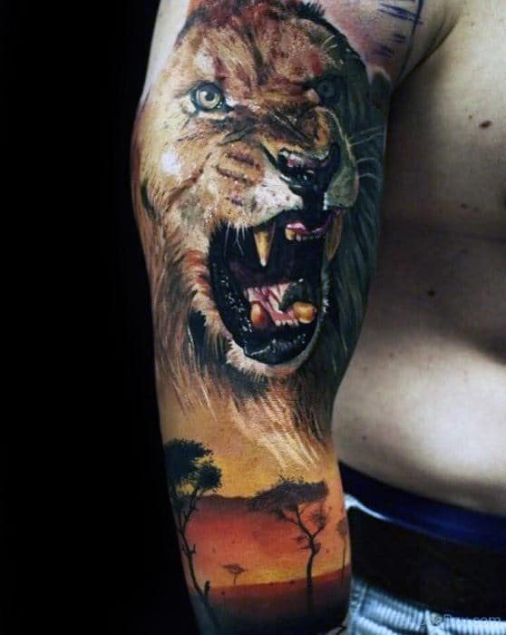 Mens Half Sleeve Safari Realistic Lion Tattoo Designs