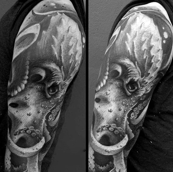 Mens Half Sleeve Shaded Realistic 3d Octopus Tattoo