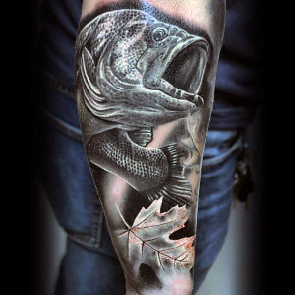 Mens Half Sleeve Tattoo In Black And White With Bass And Leaf