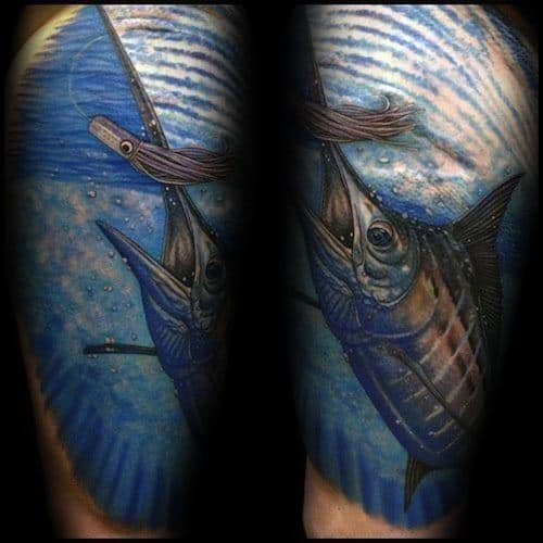 Mens Half Sleeve Underwater Swordfish Tattoo Design Inspiration