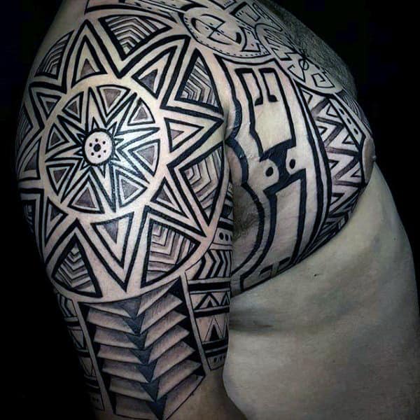 Mens Half Sleeve With Shoulder And Chest Tribal Tattoo Hawaiian Design