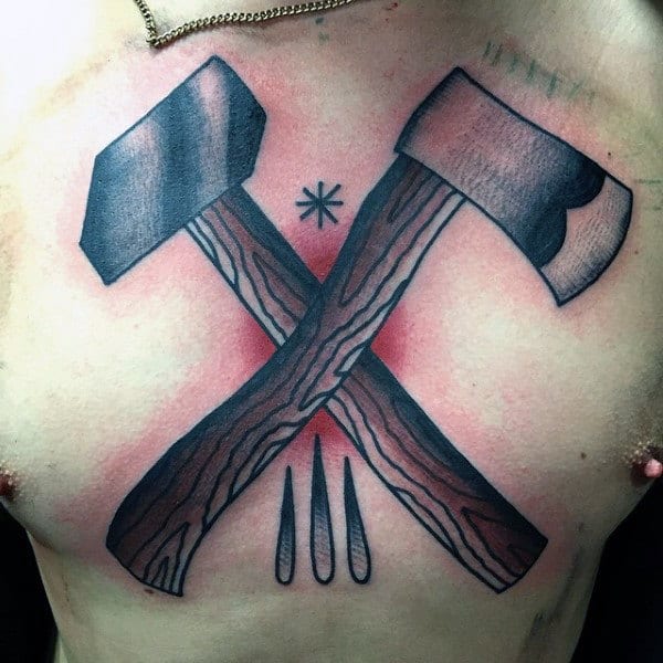 Mens Hammer With Axe Chest Tattoos