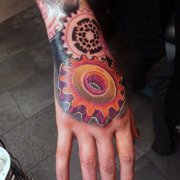 Mens Hand Colorful Steampunk Tattoo