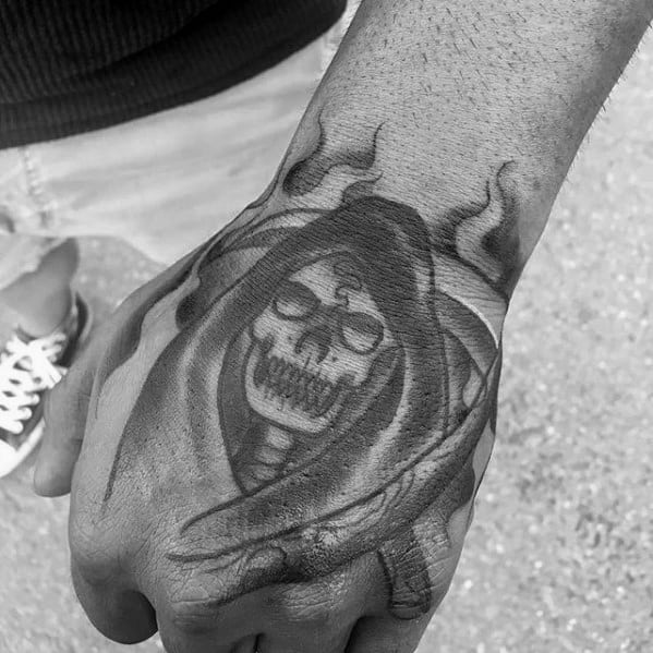 Mens Hand Heavily Shaded Traditional Reaper Tattoo Design Ideas