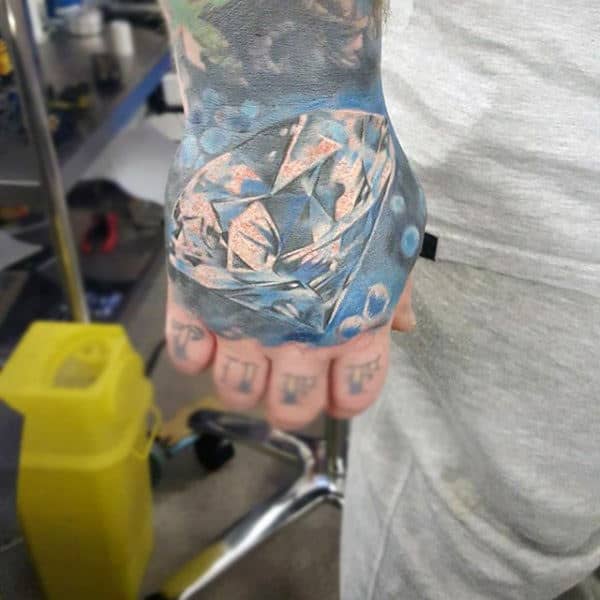 Mens Hand Tattoo Of 3d Diamond