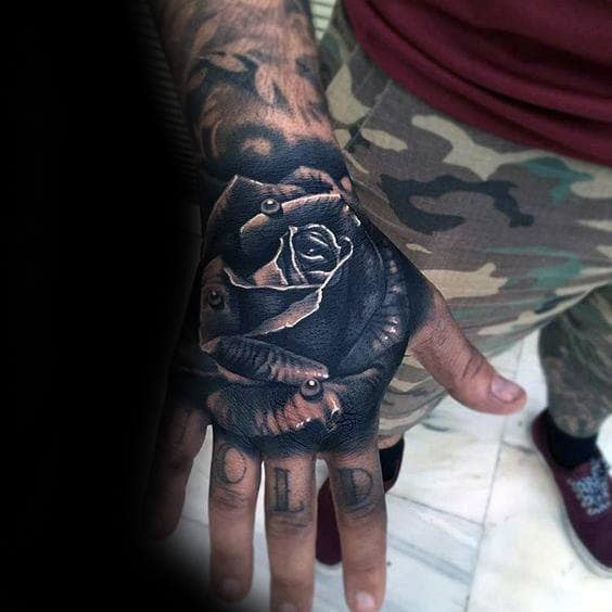 Mens Hand Tattoo Of 3d Shaded Realistic Rose Flower