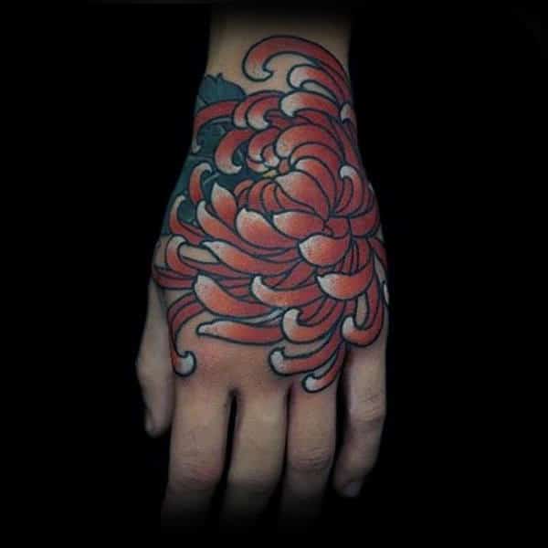 Mens Hand Tattoo Of Chrysanthemum Flower With White Ink Edges