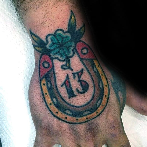Mens Hand Traditional Horseshoe Lucky Number 13 Tattoo