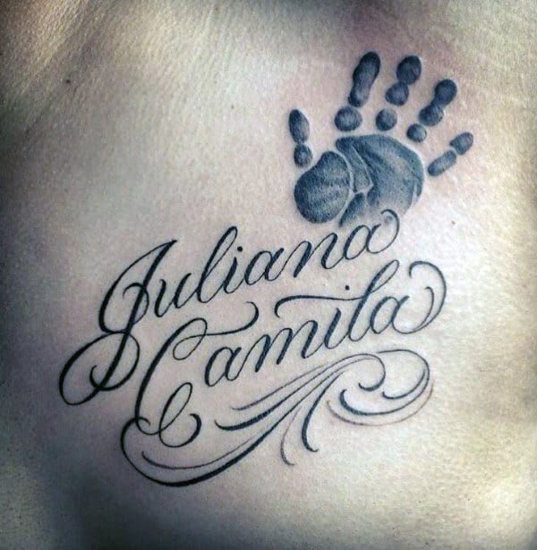 Mens Handprint Juliana Name Upper Chest Tattoos
