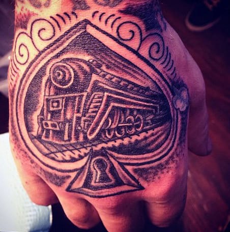 Mens Hands Chugging Rail In Spade Tattoos