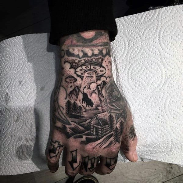 Mens Hands Interesting Tattoo Of Alien Abduction Of Cow