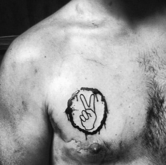 Mens Hands Peace Sign Watercolor Circle Tattoo On Chest