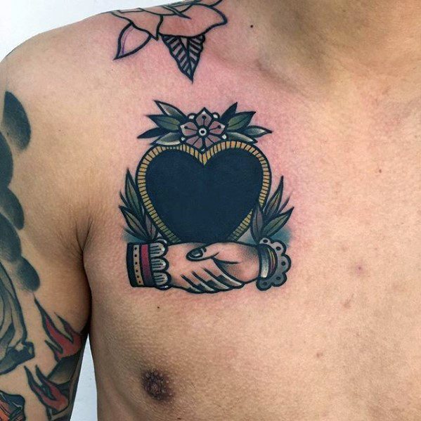 Mens Handshake Heart Tattoo On Upper Chest Of Body