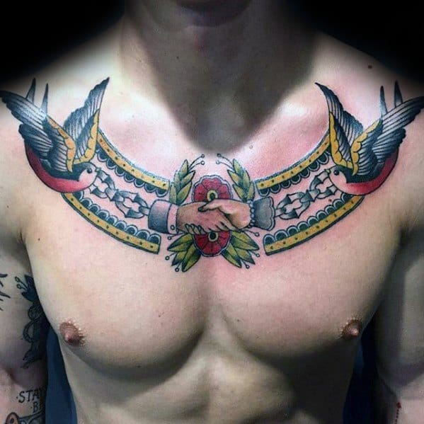 Mens Handshake Tattoo Ideas On Upper Chest With Flying Sparrow Traditional Design