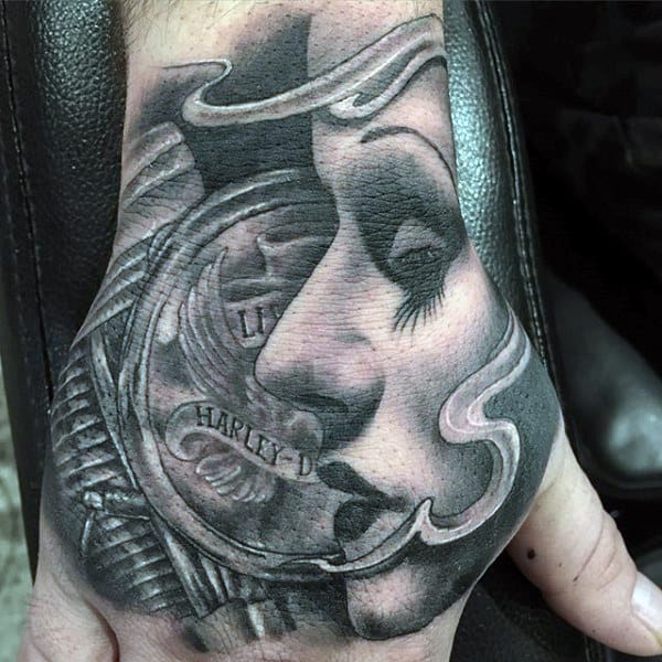 Mens Harley Davidson Portrait Hand Tattoos