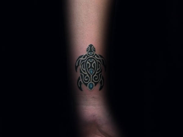 Mens Hawaiian Tribal Turtle Small Wrist And Lower Forearm Tattoo