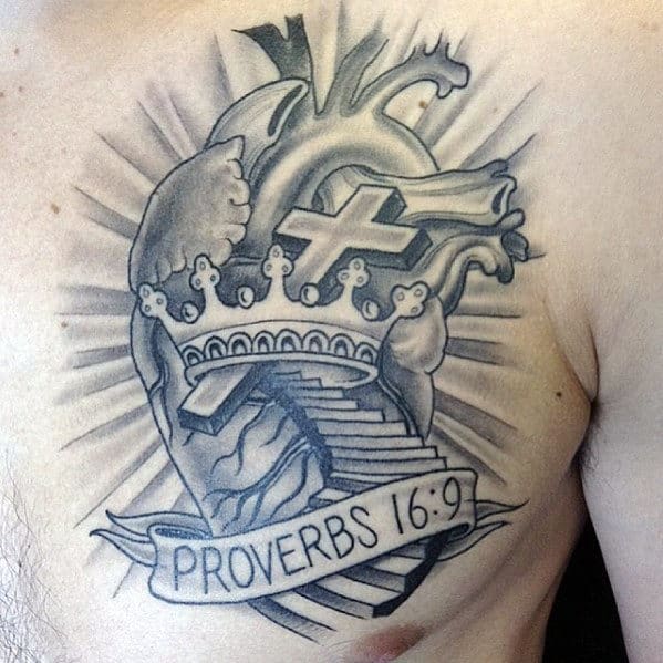 Mens Heart With Proverbs 16 9 Banner Catholic Chest Tattoo