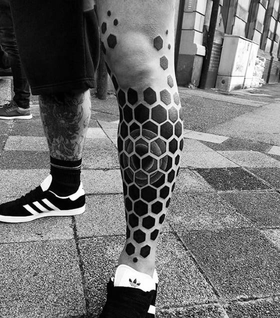 Mens Hexagon Geometric 3d Tattoos On Leg