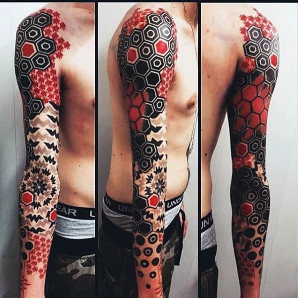 Mens Hexagon Red Ink Full Sleeve Tattoo Designs