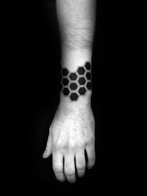 Mens Hexagon Shapes All Black Forearm Band Tattoos