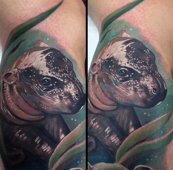 Mens Hippo 3d Realistic Shoulder Tattoo Design Inspiration