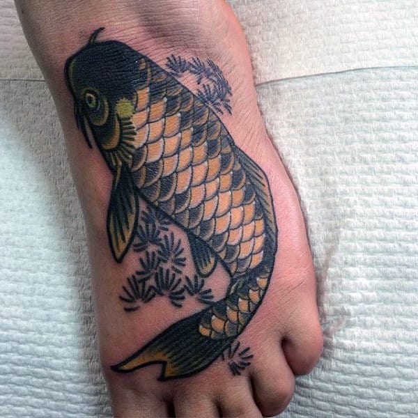Mens Honey Colored Fish Tattoo On Foot