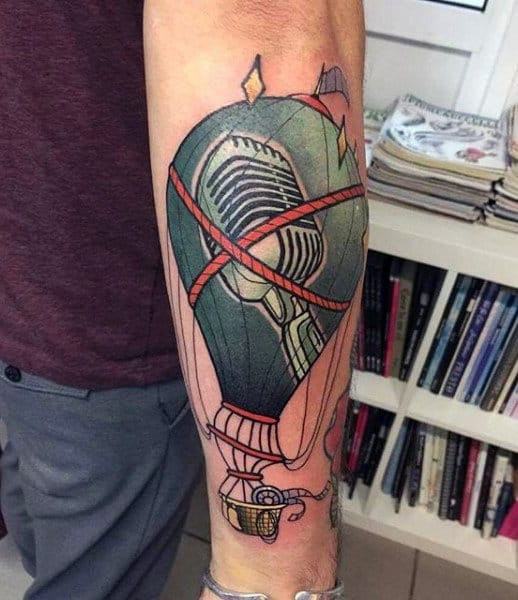 Mens Hot Air Balloon Microphone Tattoo On Outer Forearm