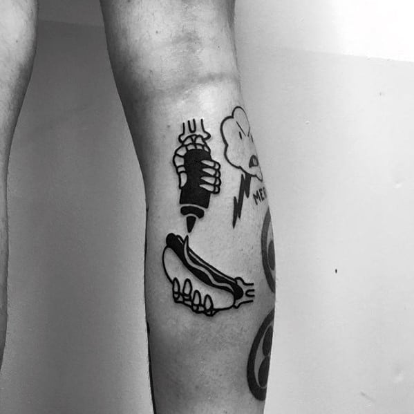 Mens Hot Dog With Mustard Simple Leg Tattoo Ideas