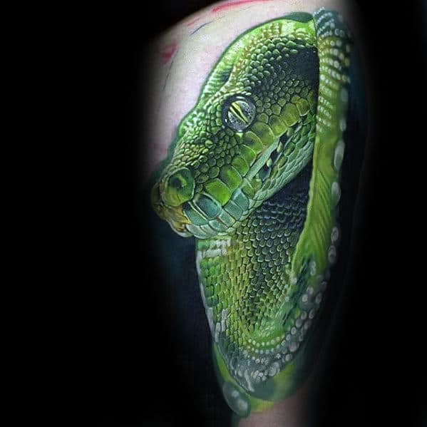 Mens Hyper Realistic 3d Snake Green Arm Tattoos