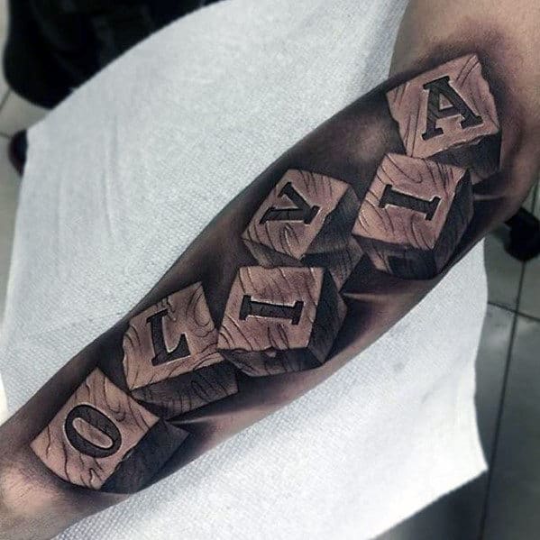 Mens Hyper Realistic Wood Block Name 3d Arm Tattoo