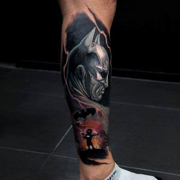 Mens Incredible Lower Leg Sleeve Batman Tattoo Design Art