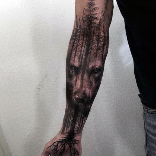 Mens Inner Arm Realistic Wolf Forest Trees Tattoo Design