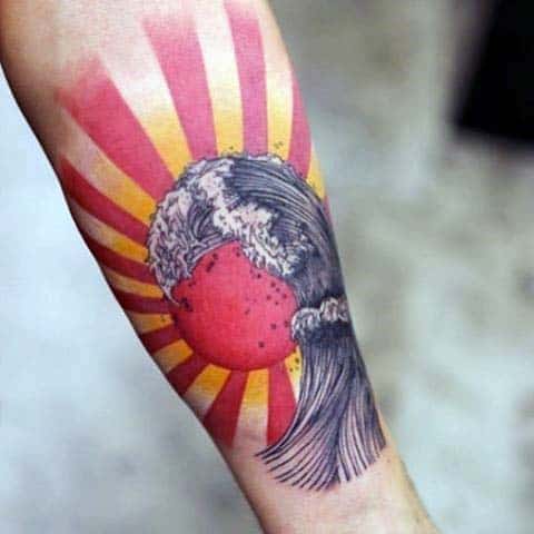 Mens Inner Forearm Nice Japanese Wave And Rising Sun Tattoo Designs