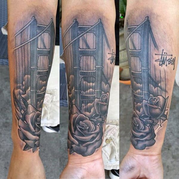 Mens Inner Forearm San Francisco Golden Gate Bridge Rose Flower Tattoo Designs