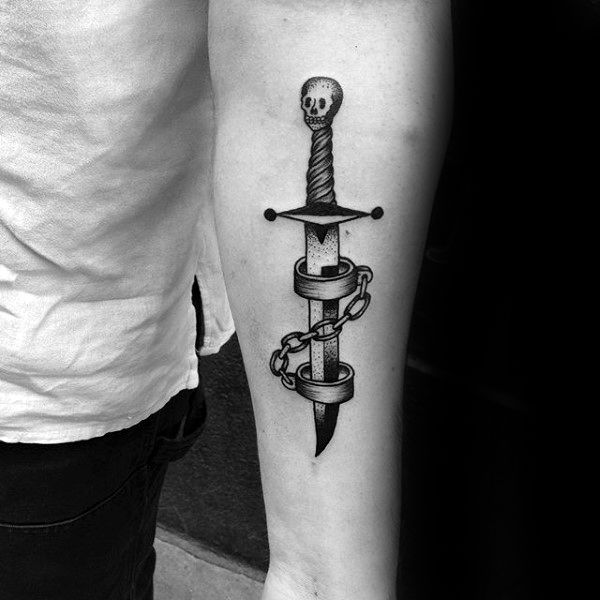 Mens Inner Forearm Skull Dagger With Chain Mens Traditional Tattoos