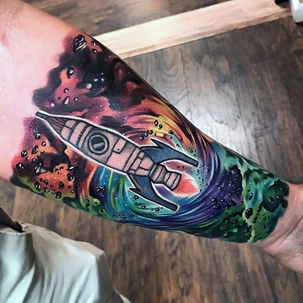 Mens Inner Forearm Sleeve Outer Space Rocket Ship Tattoo