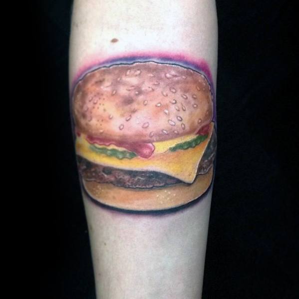 Mens Inner Forearm Tattoo With Cheeseburger Design